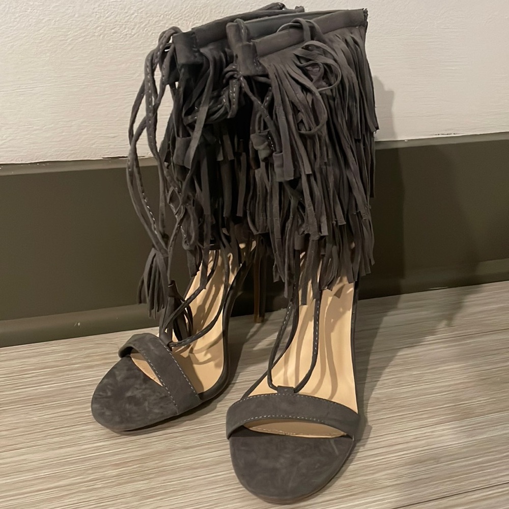 Gray fringe sandal heels